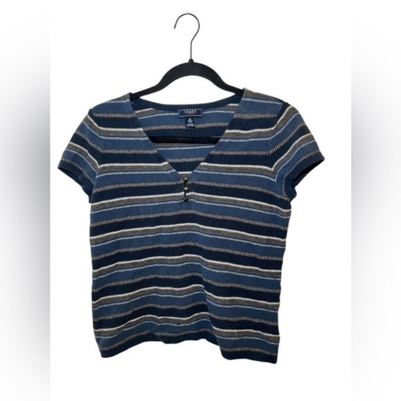 Chaps Blue and White Striped Linen Blend Short Sleeve T-Shirt - Picture 1 of 3